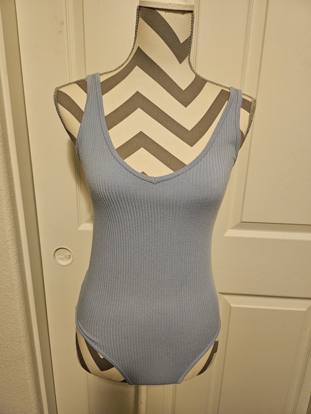 Aura Light Blue Ribbed Scoop Neck Bodysuit